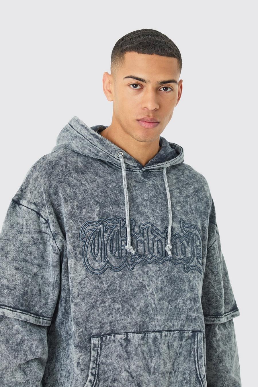 Charcoal Oversized Faux Layer Acid Wash Embroidered Hoodie image number 1