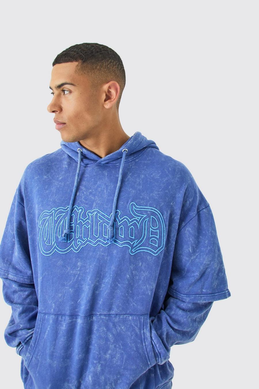 Oversized Faux Layer Acid Wash Embroidered Hoodie, Denim-blue