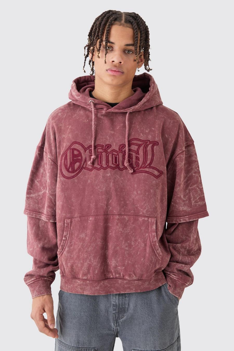 Oversized Boxy Faux Layer Acid Wash Ofcl Embroidered Hoodie, Dusky pink