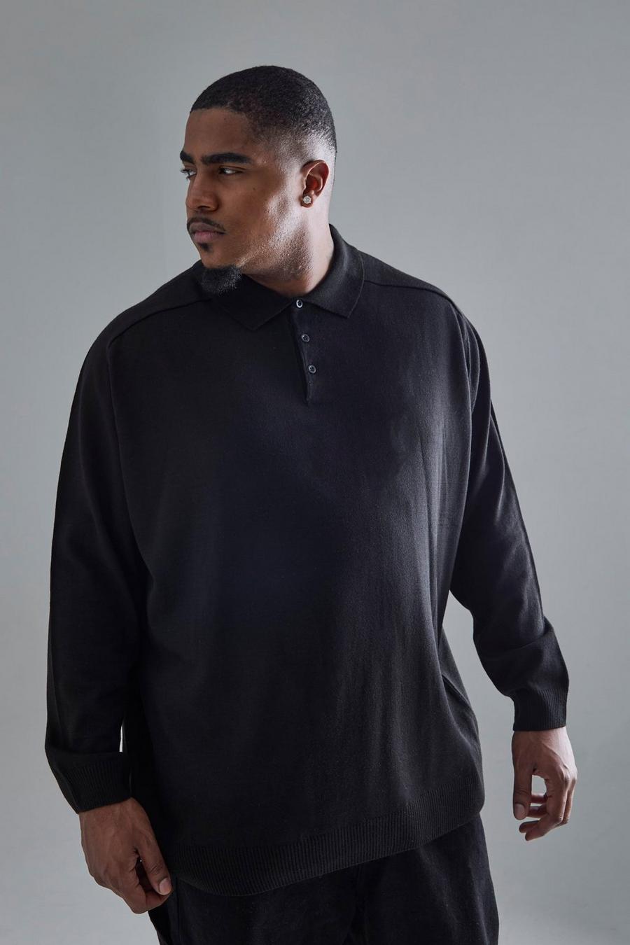 Polo Plus Size oversize in maglia nera, Black image number 1