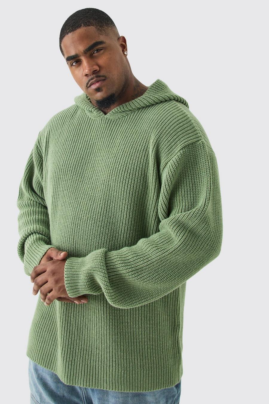 Plus Boxy Oversized Knitted Hoodie In Sage