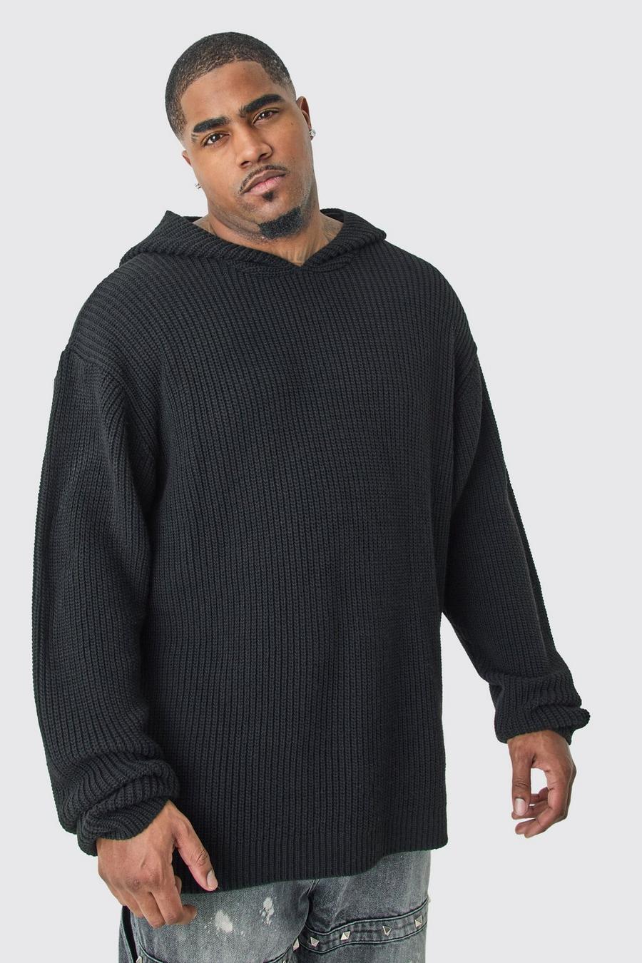 Felpa Plus Size squadrata oversize in maglia nera con cappuccio, Black image number 1