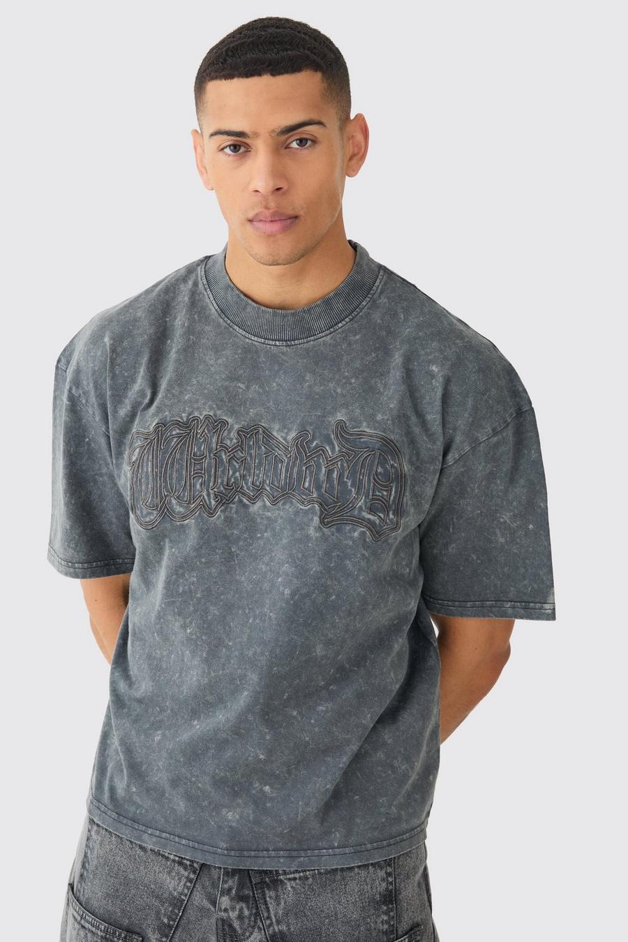 Loose Fit Boxy Acid Wash Worldwide Embroidered T-shirt, Charcoal