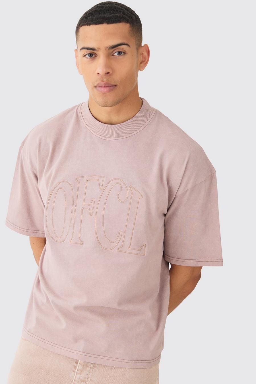 Camiseta holgada recta con lavado de ácido y bordado Ofcl, Dusky pink