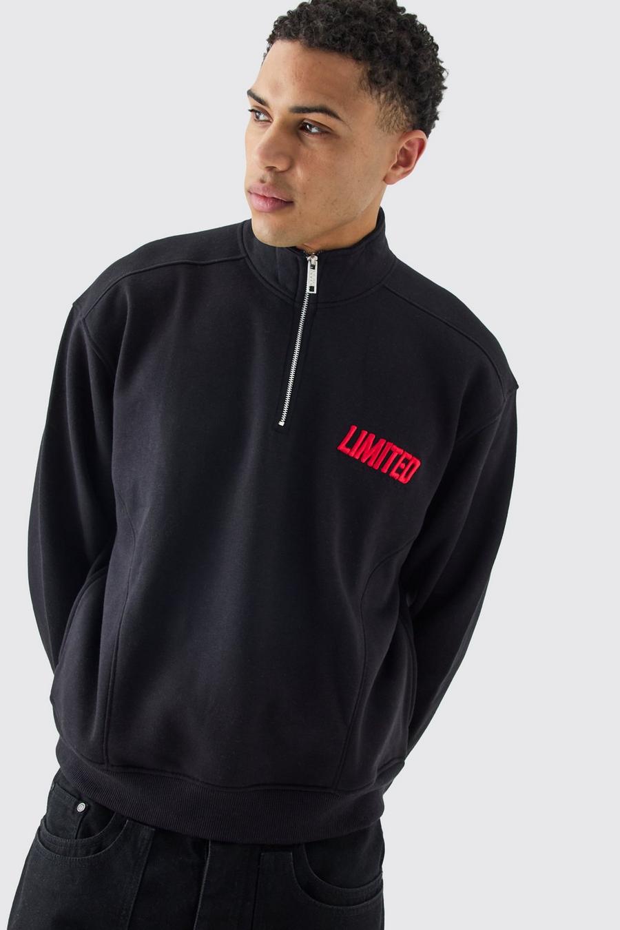 Kastiges Oversize Sweatshirt mit 1/4 Reißverschluss und 3D Stickerei, Black