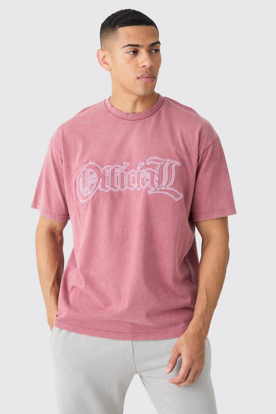 Pink Oversized Acid Wash Official Embroidered Distressed T-shirt image number 1
