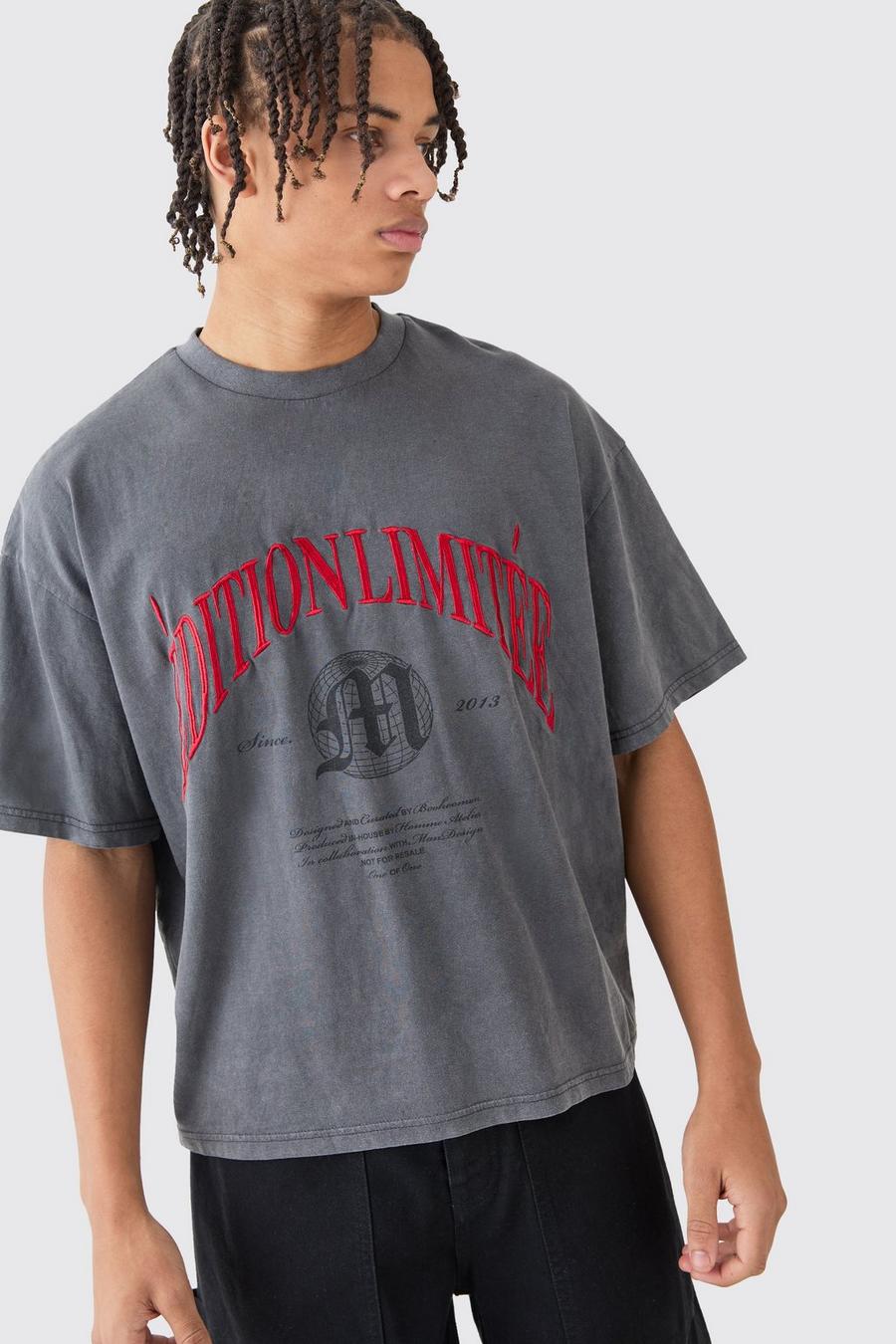 Charcoal Oversized Geborduurd Boxy Acid Wash Gebleekt Edition T-Shirt