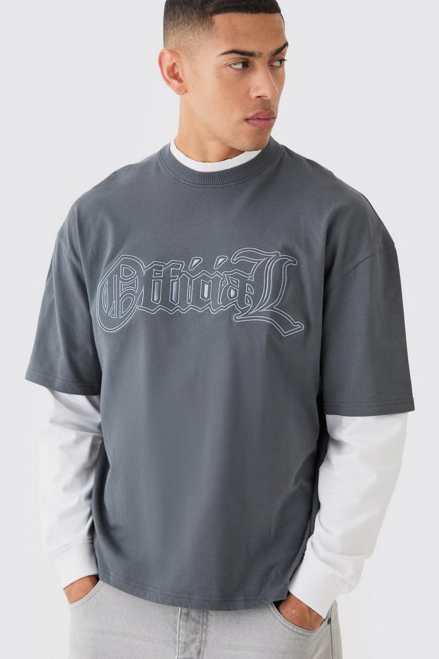 T-shirt squadrata oversize Ofcl con ricami e finto doppio livello, Charcoal image number 1