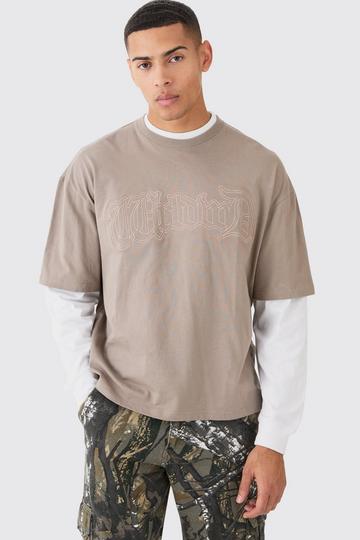 Oversized Boxy Faux Layer Embroidered T-shirt taupe