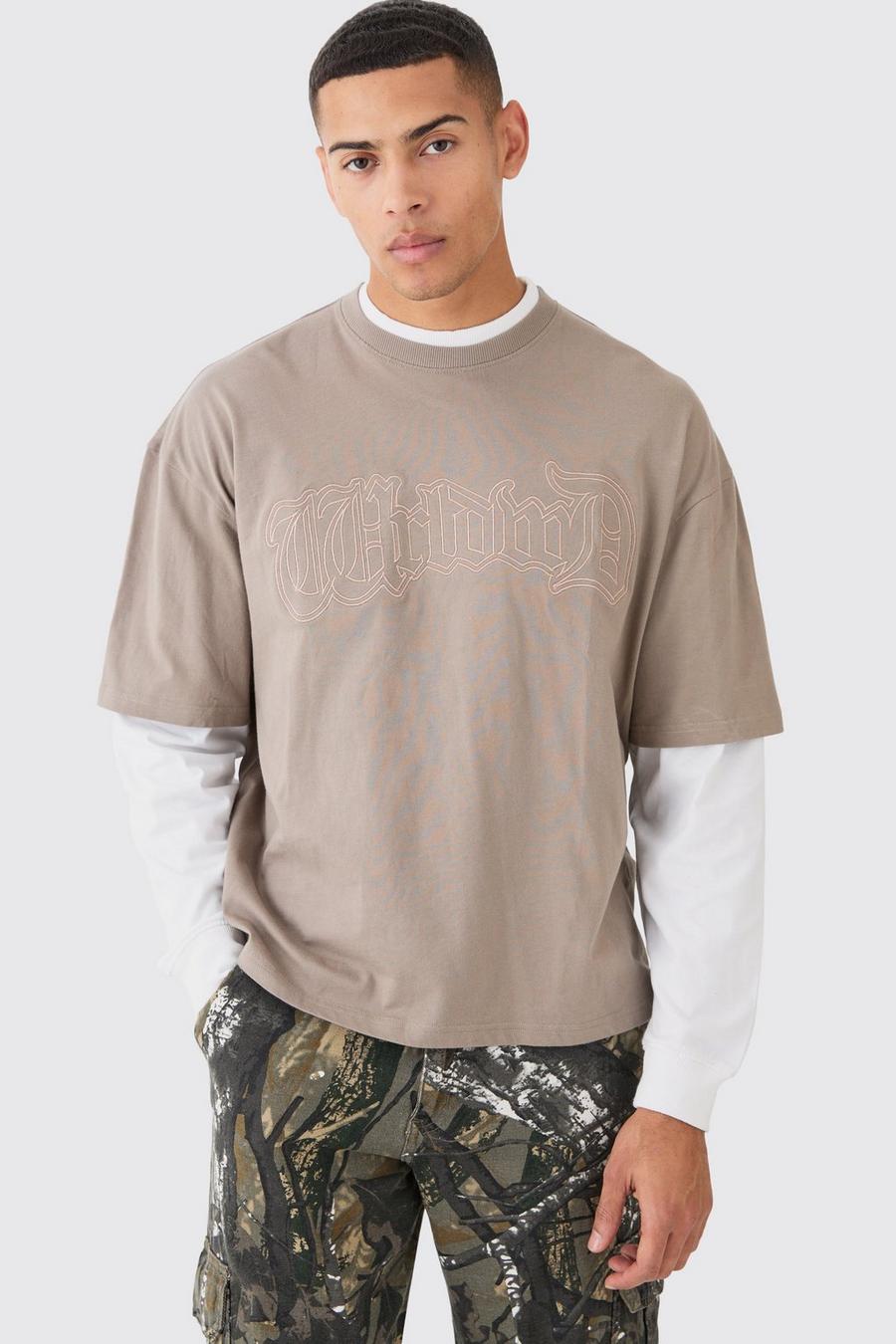 T-shirt squadrata oversize con ricami e finto doppio livello, Taupe