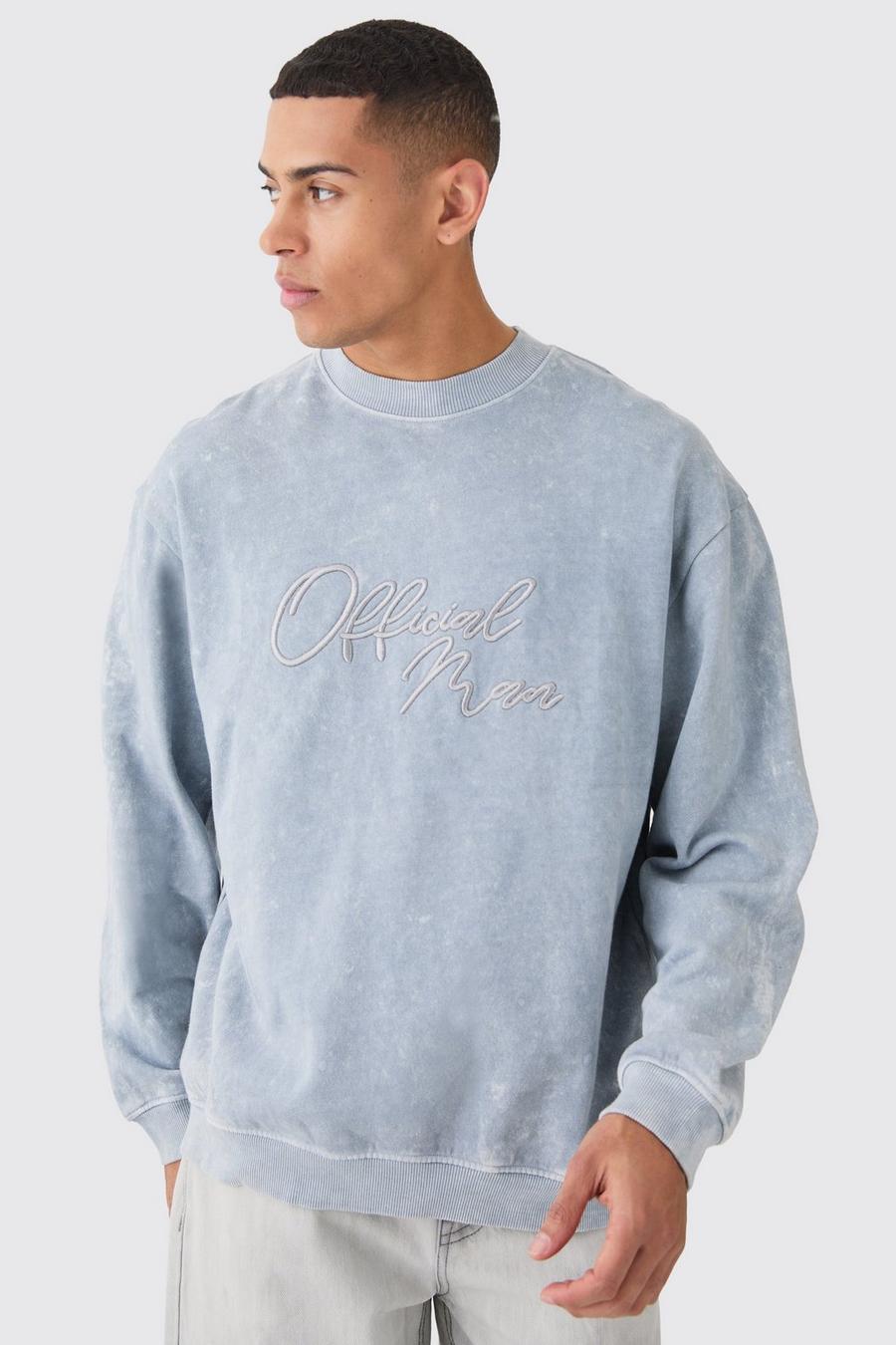 Light grey Oversized Extended Neck Acid Wash Embroidered Man Sweatshirt image number 1