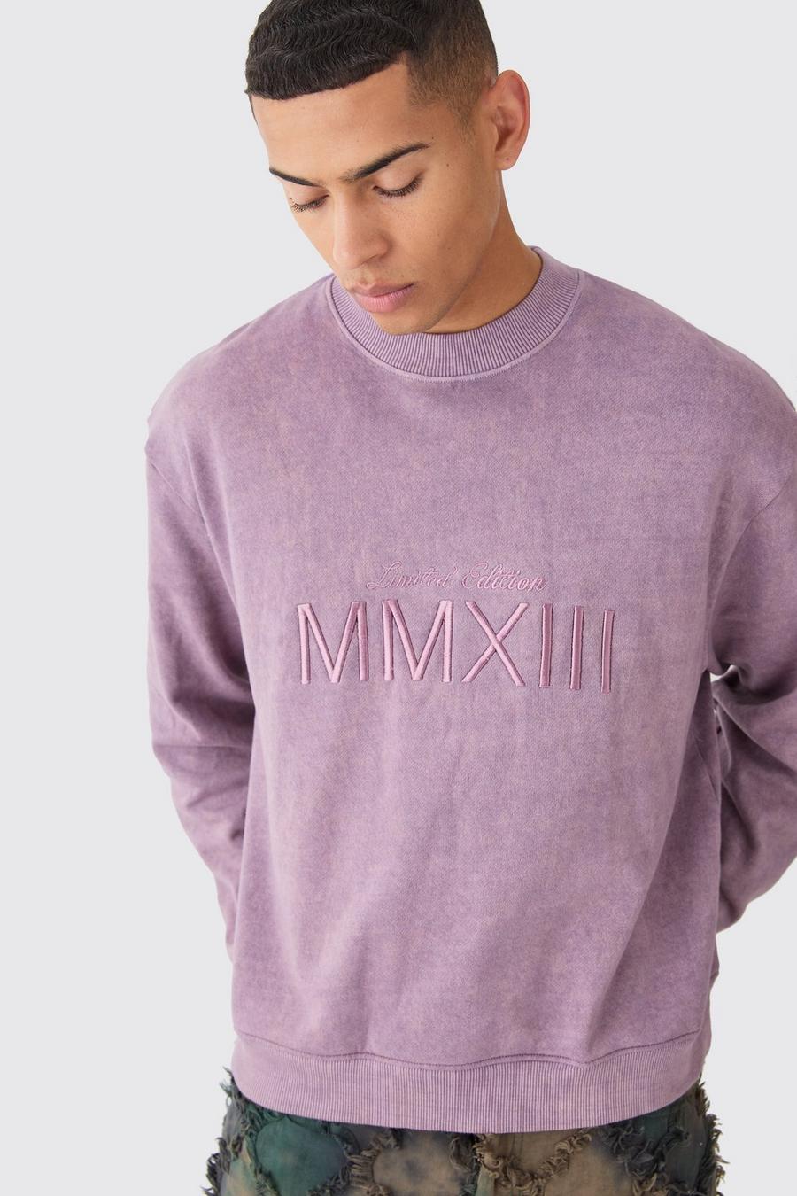 Purple Oversized Extended Neck Acid Wash Embroidered Sweatshirt image number 1
