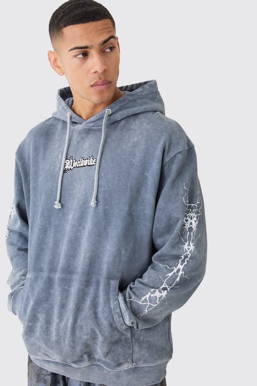 Charcoal Oversized Acid Wash Embroidered Wing Graphic Hoodie image number 1