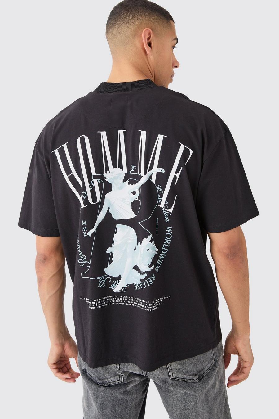 T-shirt oversize Homme con stampa a effetto velluto e girocollo esteso, Black image number 1