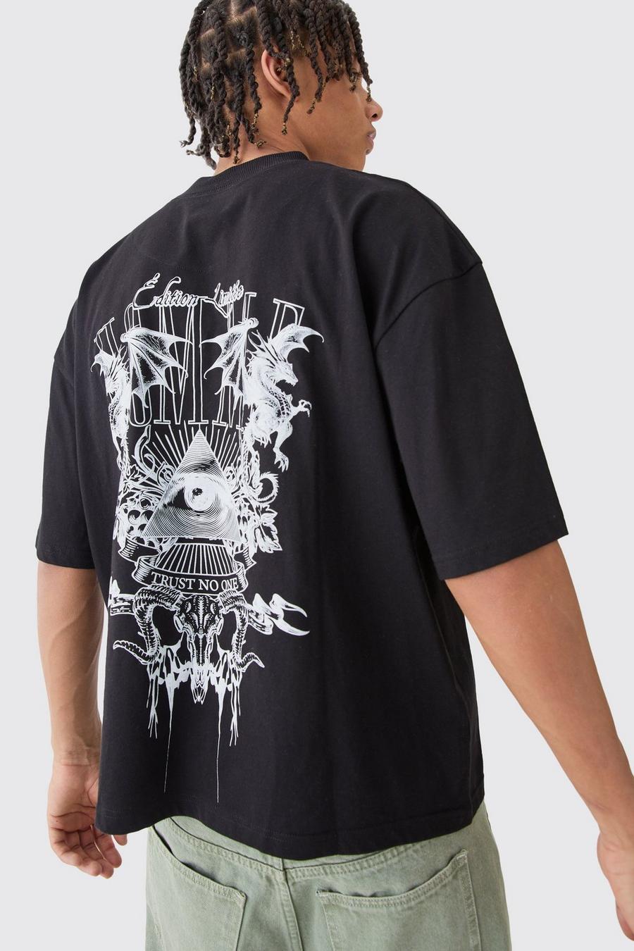 T-shirt squadrata oversize con grafica ricamata e girocollo esteso, Black image number 1