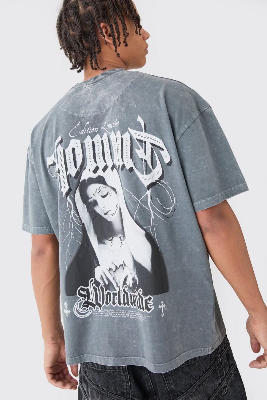 Besticktes Oversize T-Shirt mit Acid-Waschung, Charcoal image number 1