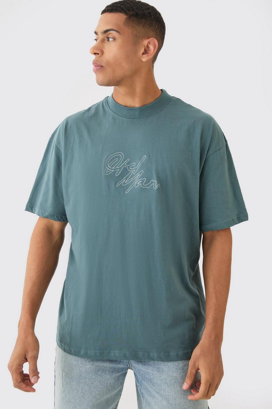 Slate blue Oversized Extended Neck Chain Stitch Embroidered Man T-shirt image number 1