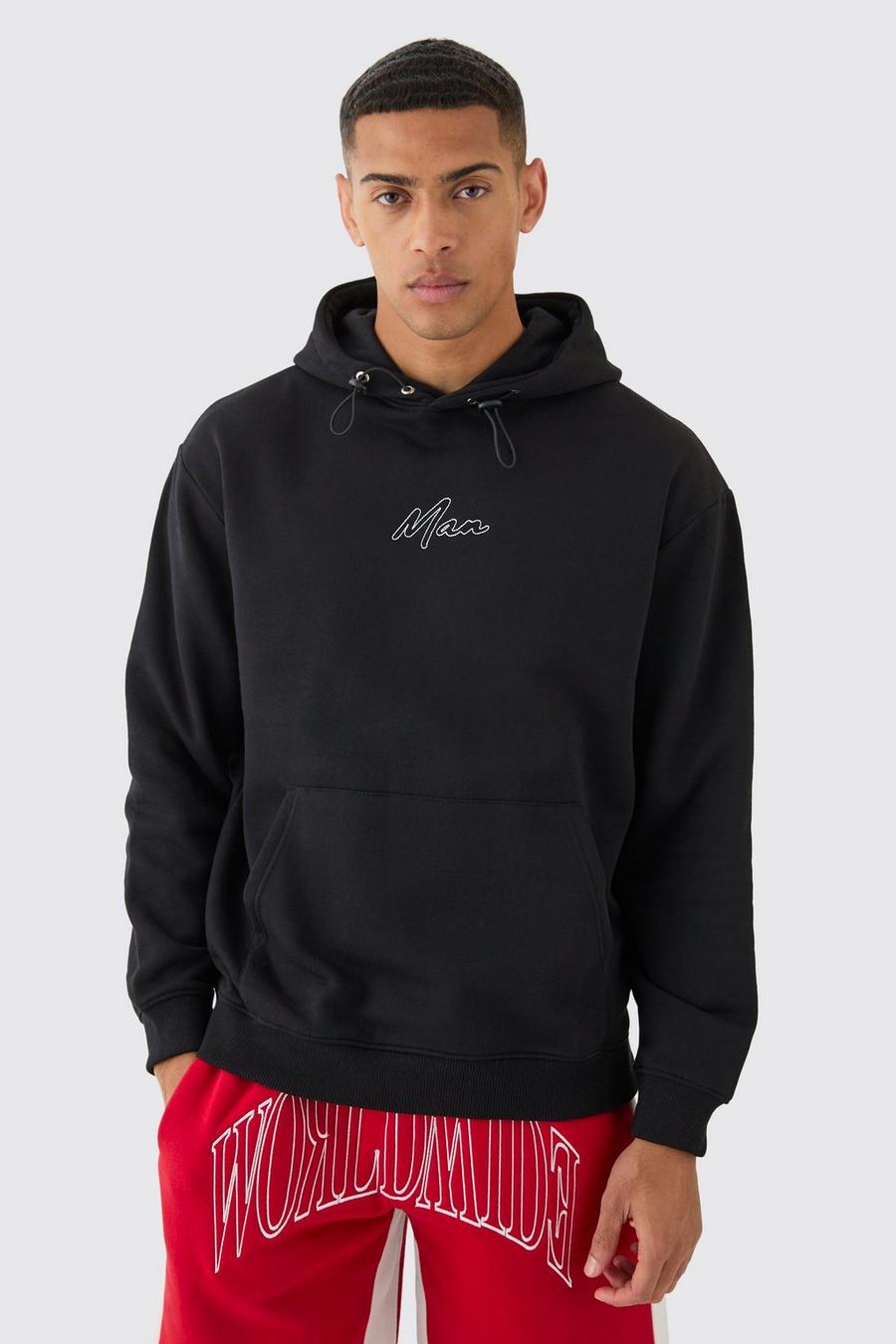 Black Oversized Chain Stitch Man Embroidered Hoodie image number 1