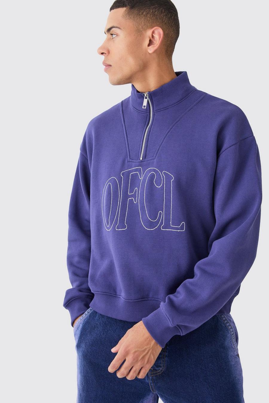 Dark blue Oversized Boxy 1/4 Zip Chain Stitch Offcl Embroidered Hoodie image number 1