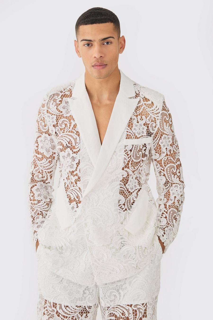 White Relaxed Fit Double Breasted Lace Blazer image number 1