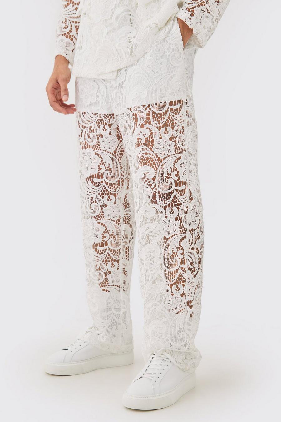 White Relaxed Fit Lace Suit Pants image number 1