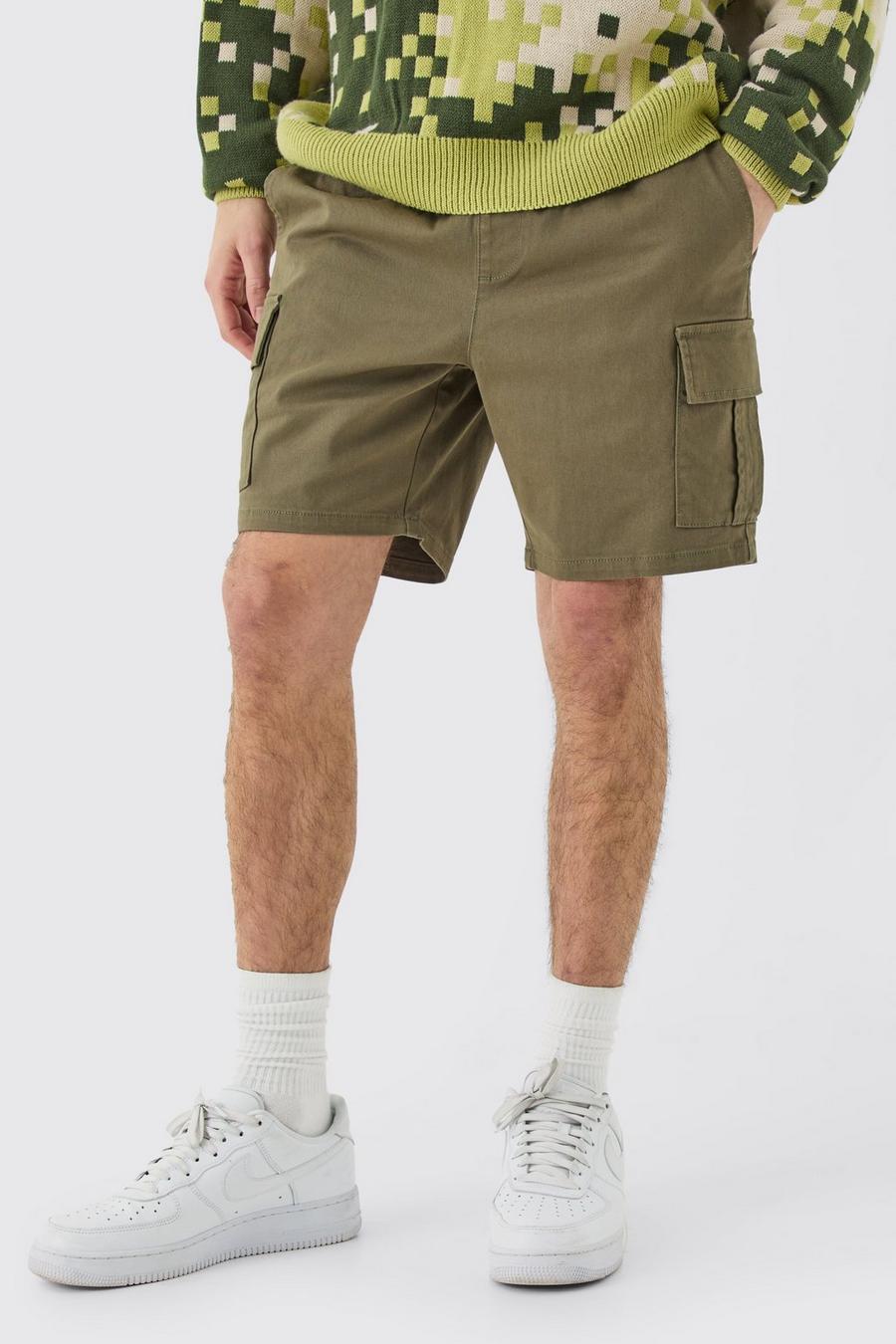 Pantaloncini Cargo Skinny Fit color kaki con vita elasticizzata, Khaki image number 1