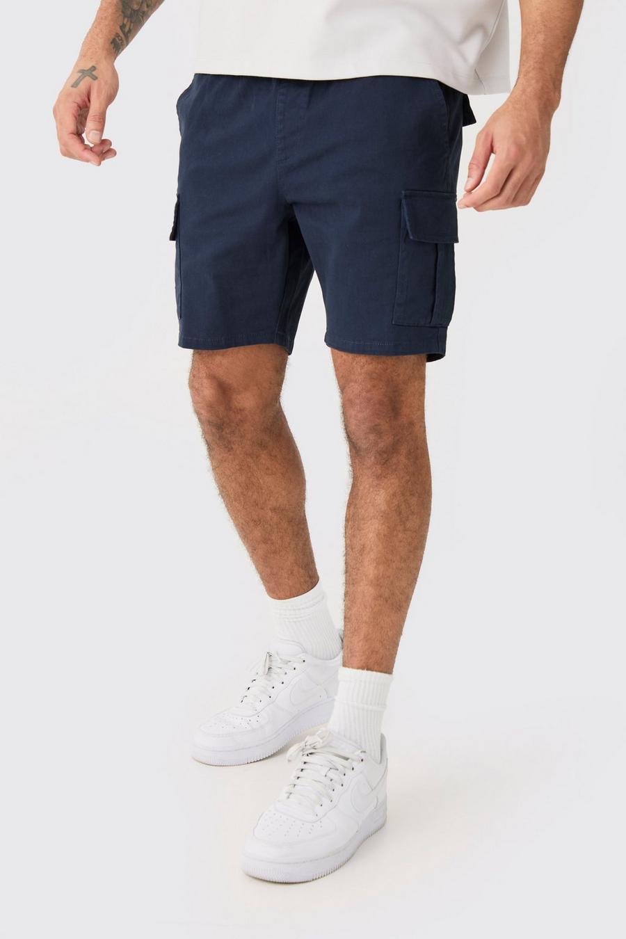 Dunkelblaue Skinny Cargo-Shorts mit elastischem Bund, Navy image number 1