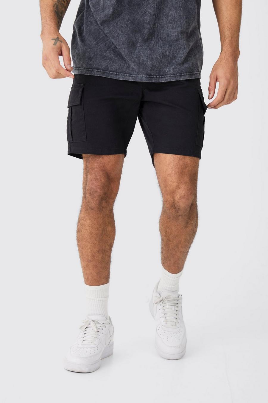 Elasticated Waist Black Skinny Fit Cargo Shorts