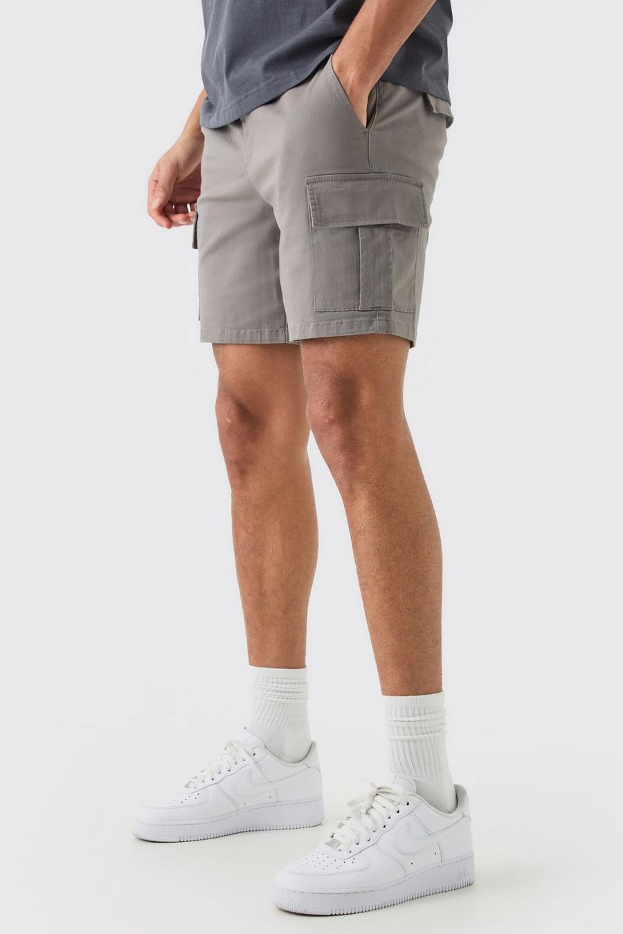 Elastic Waist Grey Slim Fit Cargo Shorts image number 1