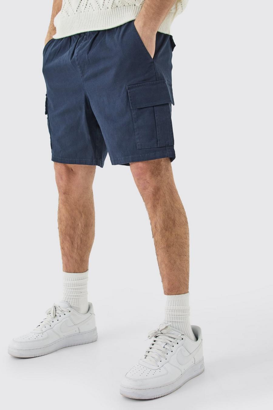 Navy Marineblauwe Slim Fit Cargo Shorts Met Elastische Taille
