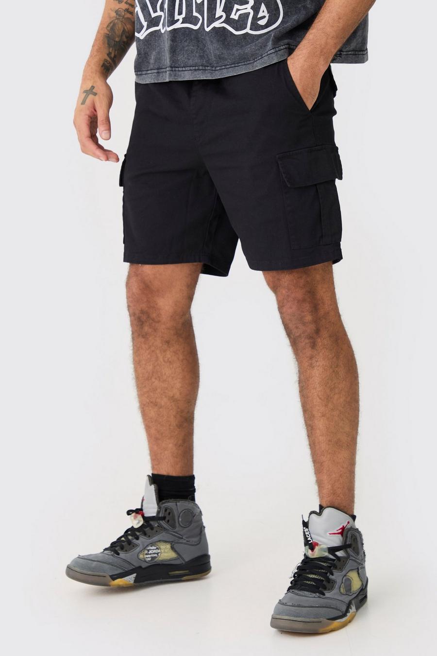 Elasticated Waist Black Slim Fit Cargo Shorts image number 1