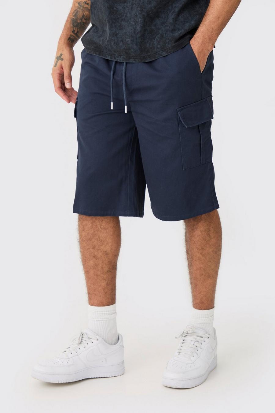 Elastic Waist Navy Relaxed Fit Longer Length Cargo Shorts image number 1