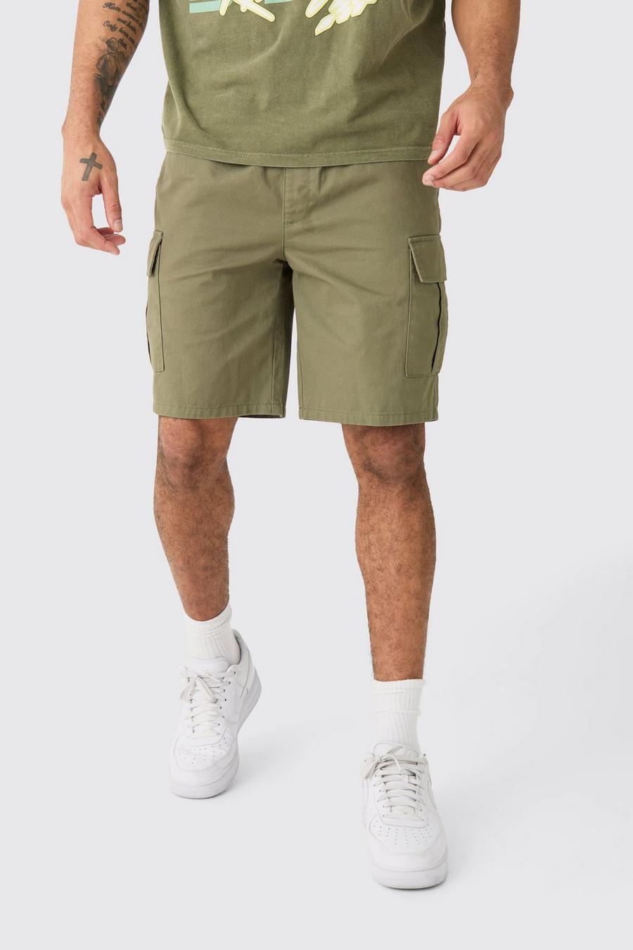 Pantalón corto cargo holgado caqui con cintura elástica, Khaki