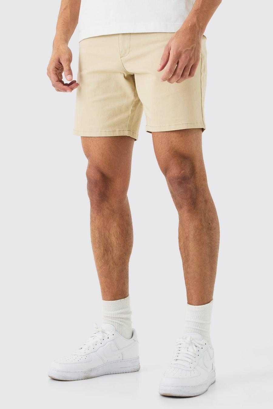 Pantalón corto chino pitillo con cintura fija en tonos piedra, Stone