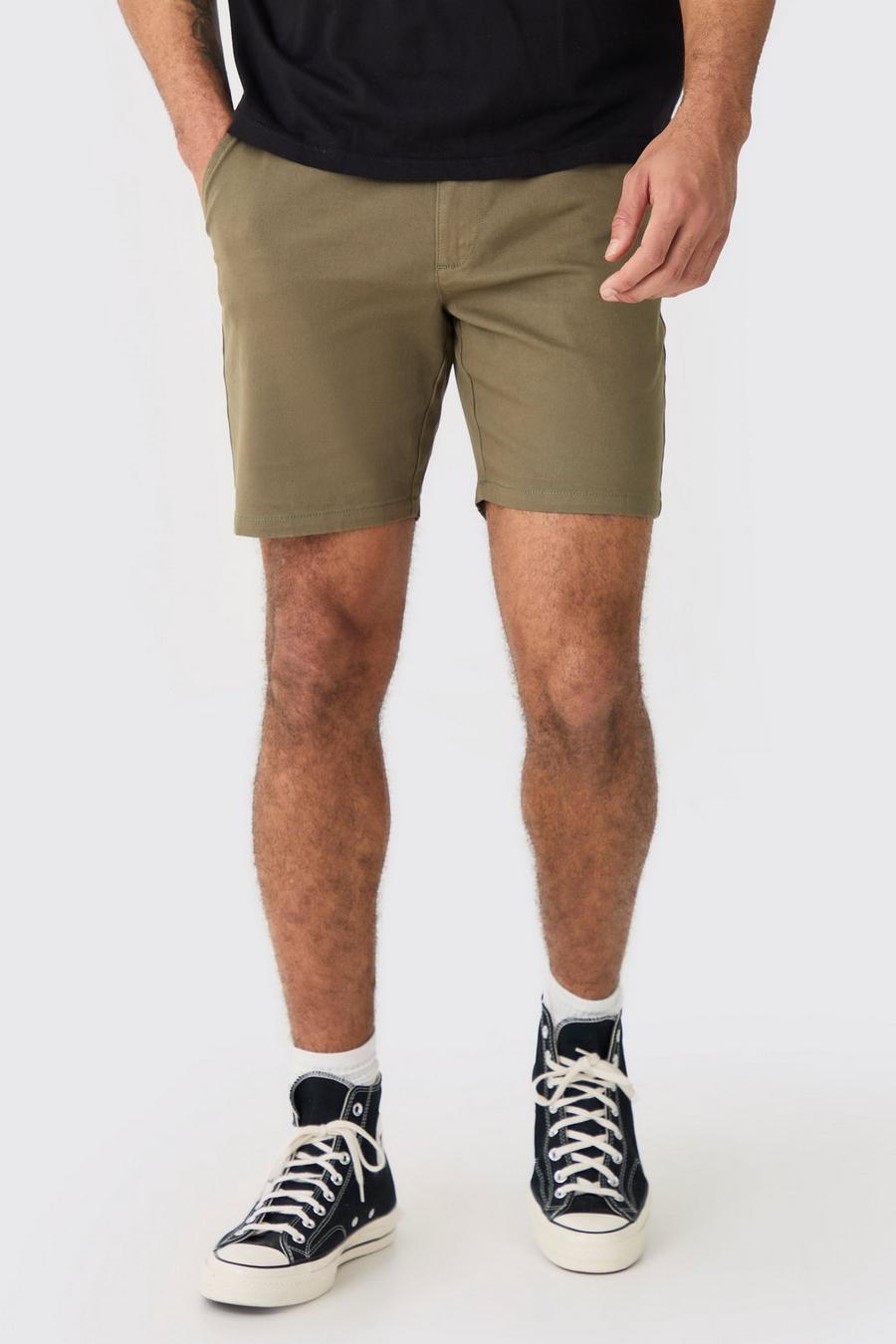 Pantaloncini Chino Skinny Fit color kaki con vita fissa, Khaki image number 1