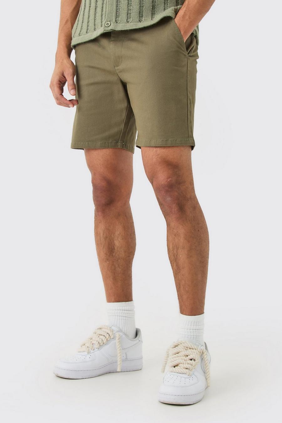 Pantaloncini Chino Slim Fit color kaki con vita fissa, Khaki image number 1