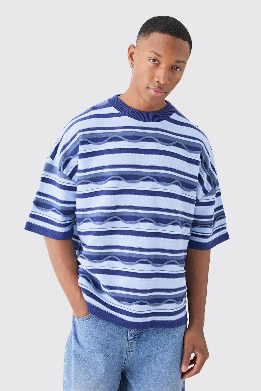 Blue Oversized Gebreid 3D Jacquard T-Shirt image number 1