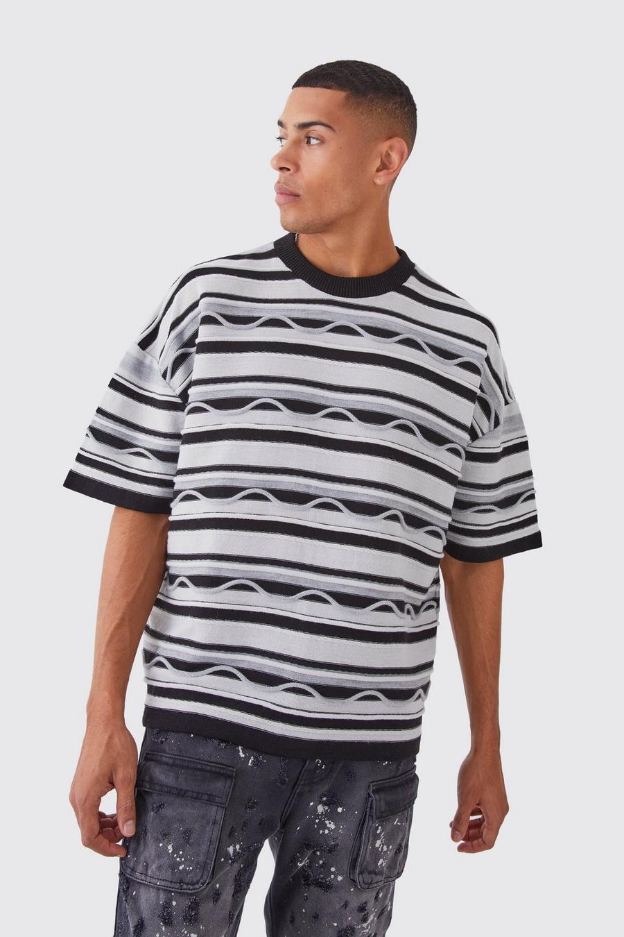 T-shirt oversize en maille à motif jacquard, Black image number 1