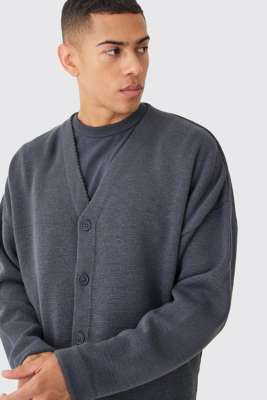 Cardigan squadrato in maglia con spalle scese, Charcoal image number 1