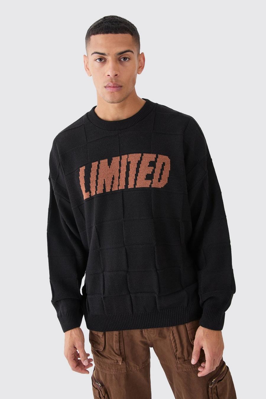 Black Oversized Textured Knitted Branded Jumper image number 1