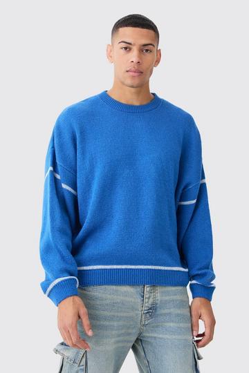 Oversized Boxy Brushed Contrast Stitch Knit Sweater blue