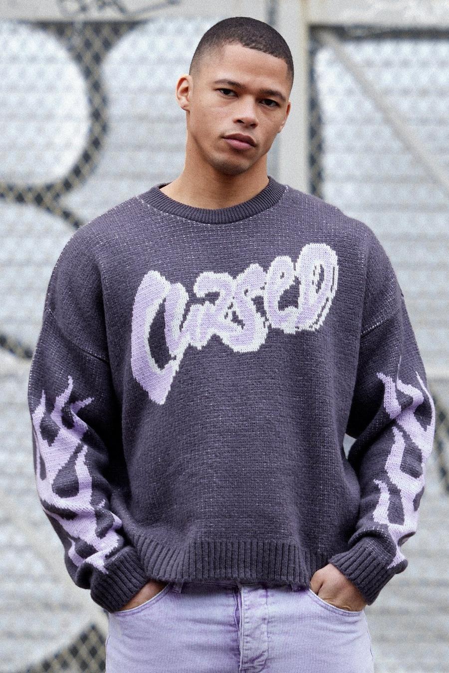 Charcoal Oversized Boxy Brushed Graphic Knitted Jumper image number 1