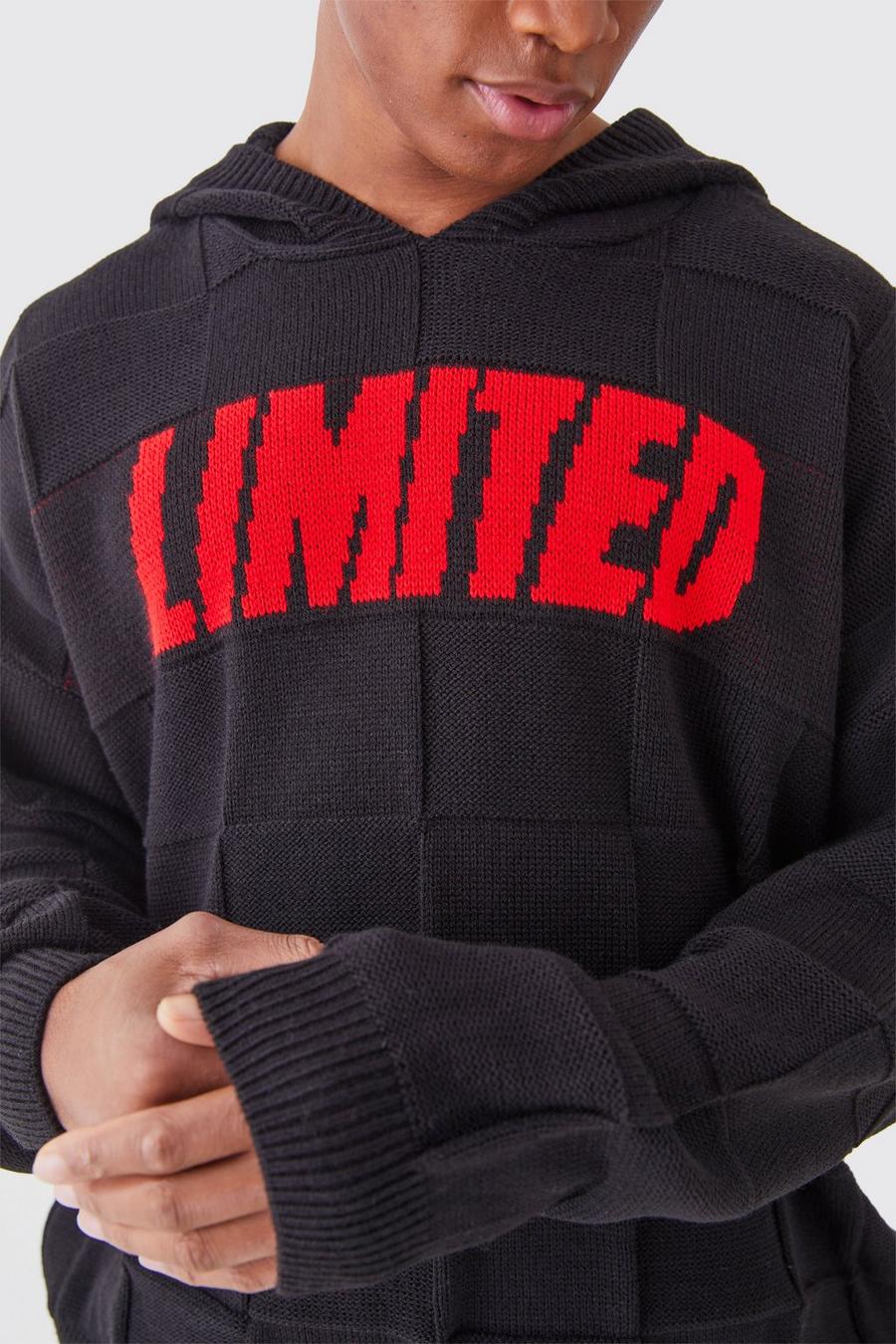 Black Oversized Textured Knitted Branded Hoodie
