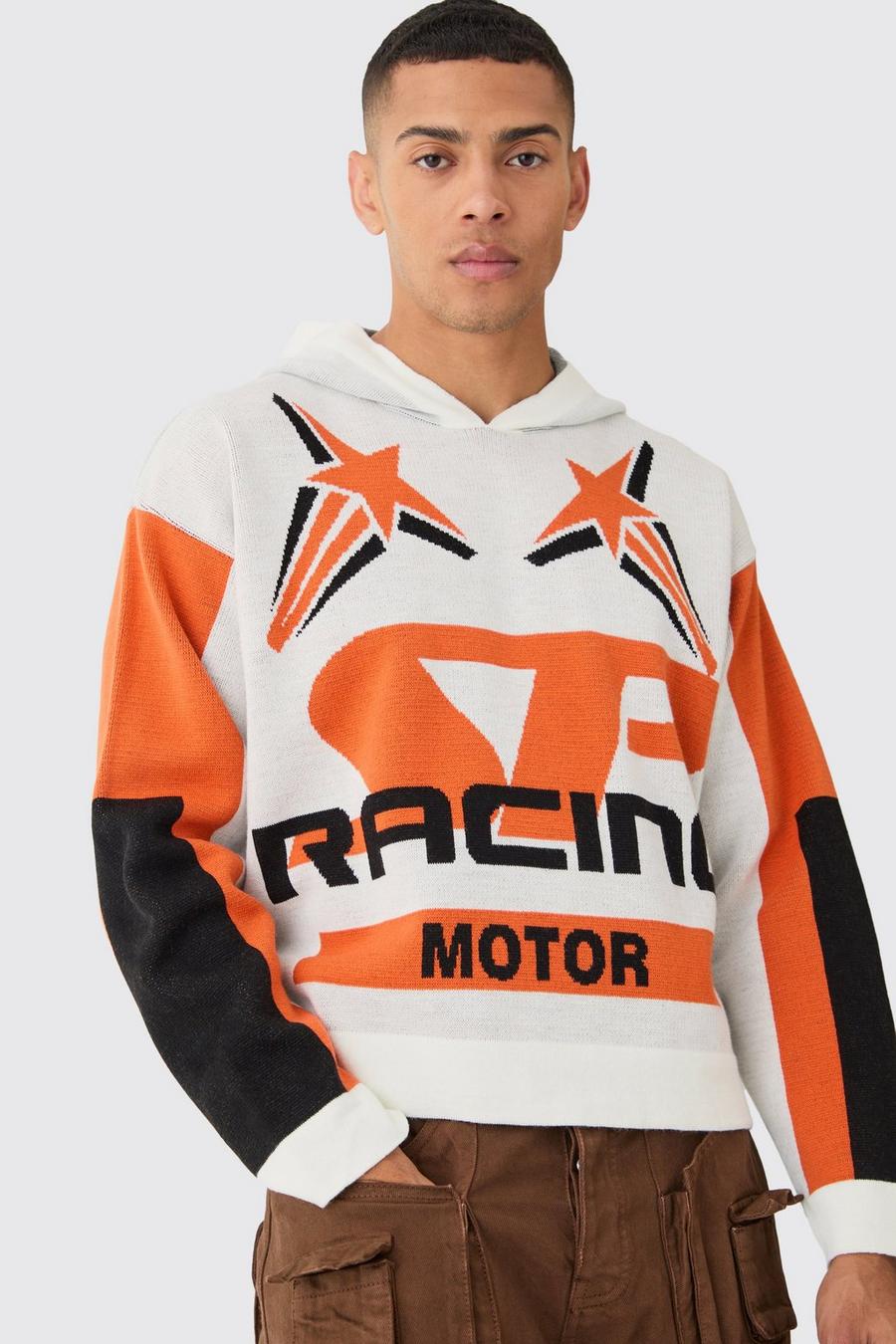 Sudadera recta con capucha y estampado gráfico de motociclismo, Orange image number 1