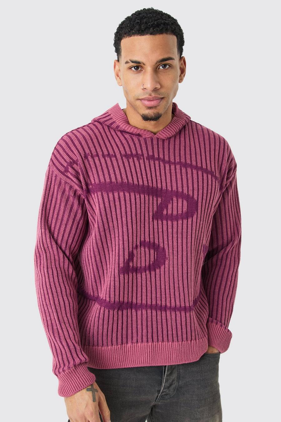 Purple Oversized Boxy Branded Knitted Hoodie image number 1