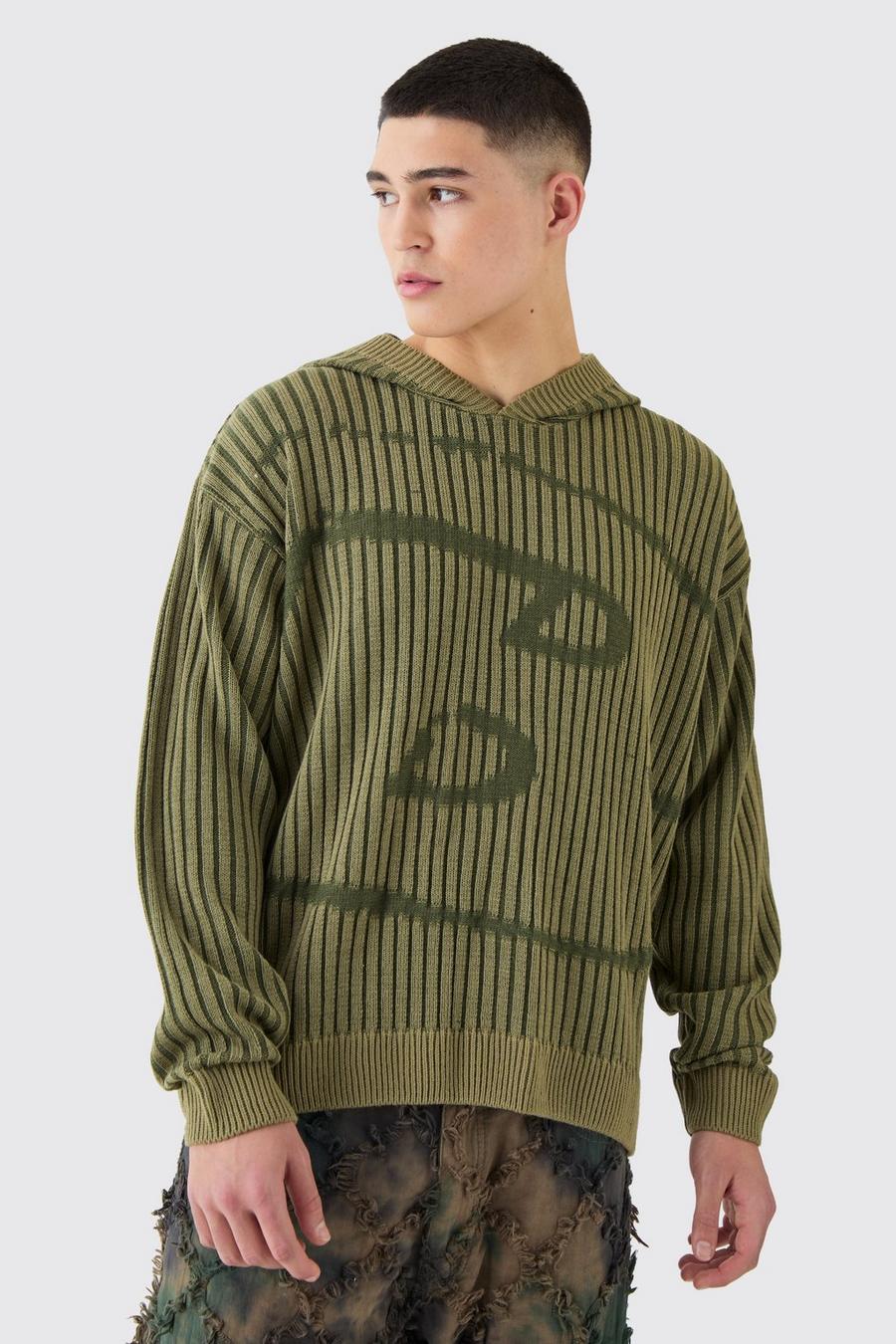 Khaki Oversize stickad hoodie med märke image number 1