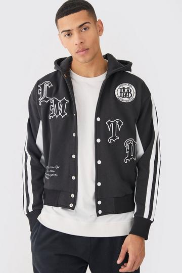 Black Boxy Applique Tape Detail Jersey Knit Varisty Jacket