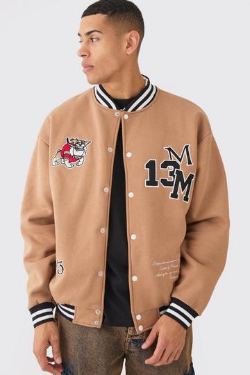 Brown Oversized Character Applique Jersey Knit Varsity Jacket