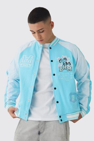 Blue Oversized Boxy Floral Applique Jersey Varsity Jacket