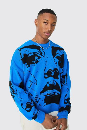 Oversized Boxy Drop Shoulder Face Jacquard Knit Jumper blue